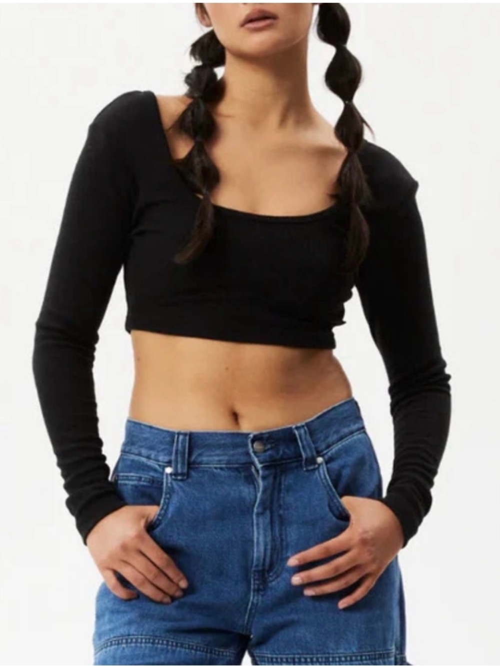 AFENDS Milla Hemp Rib Long Sleeve Recycled Crop Top Black size M